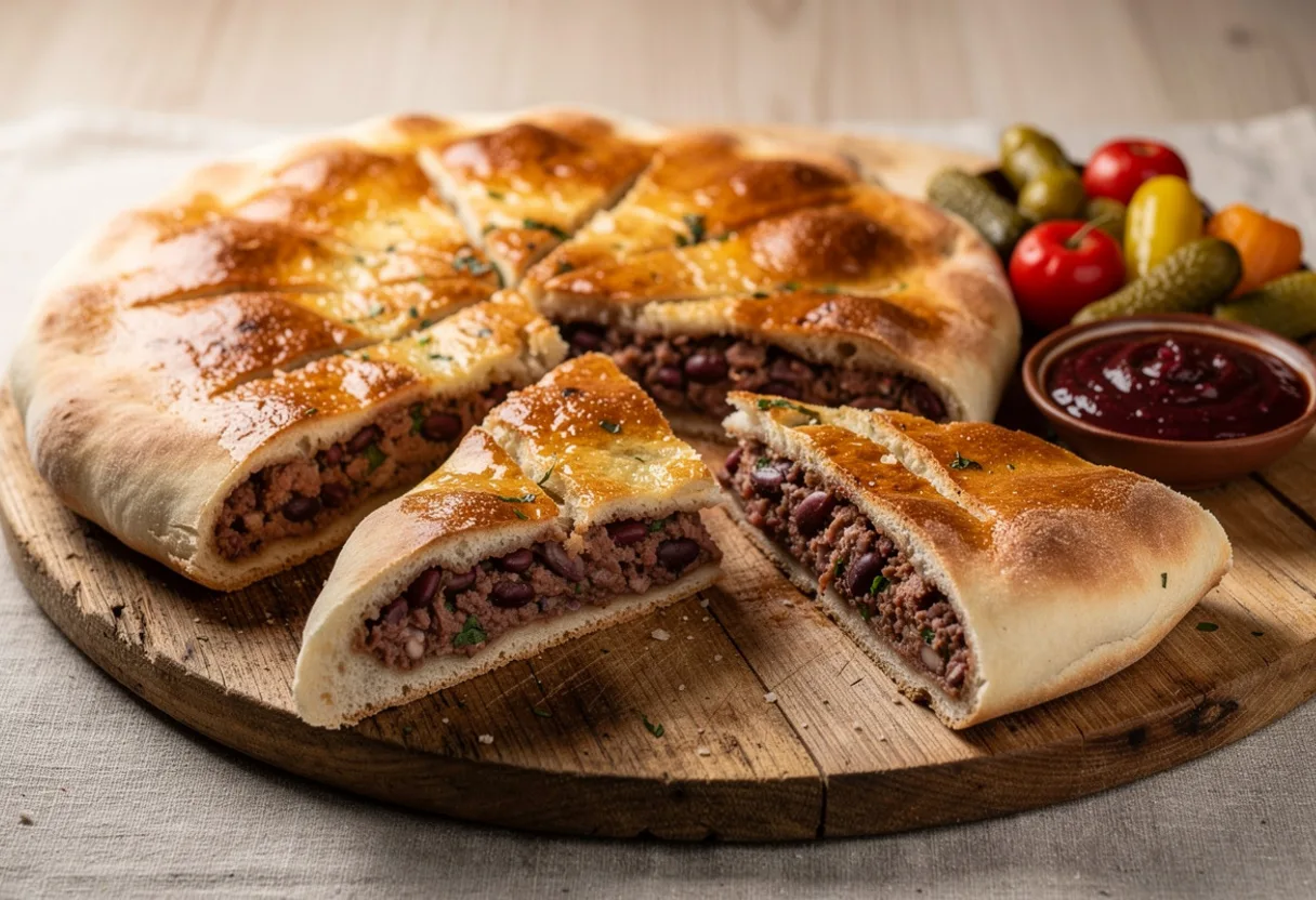 A round golden Georgian bread cut into wedges, showing a thick filling of mashed red kidney beans