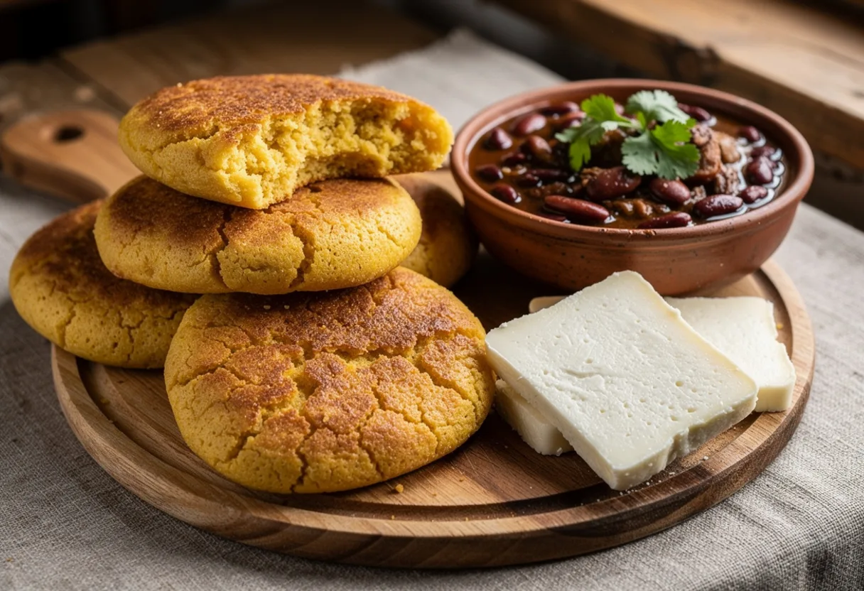 Thick oval Georgian cornbread cakes with golden crusts beside a clay bowl of red bean stew and white cheese