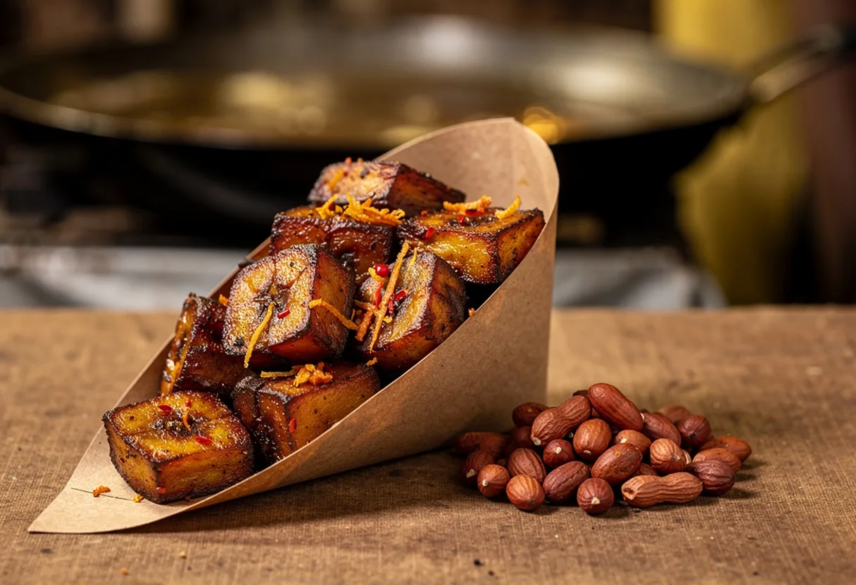Paper cone of dark golden, spice-flecked fried plantain cubes with roasted peanuts