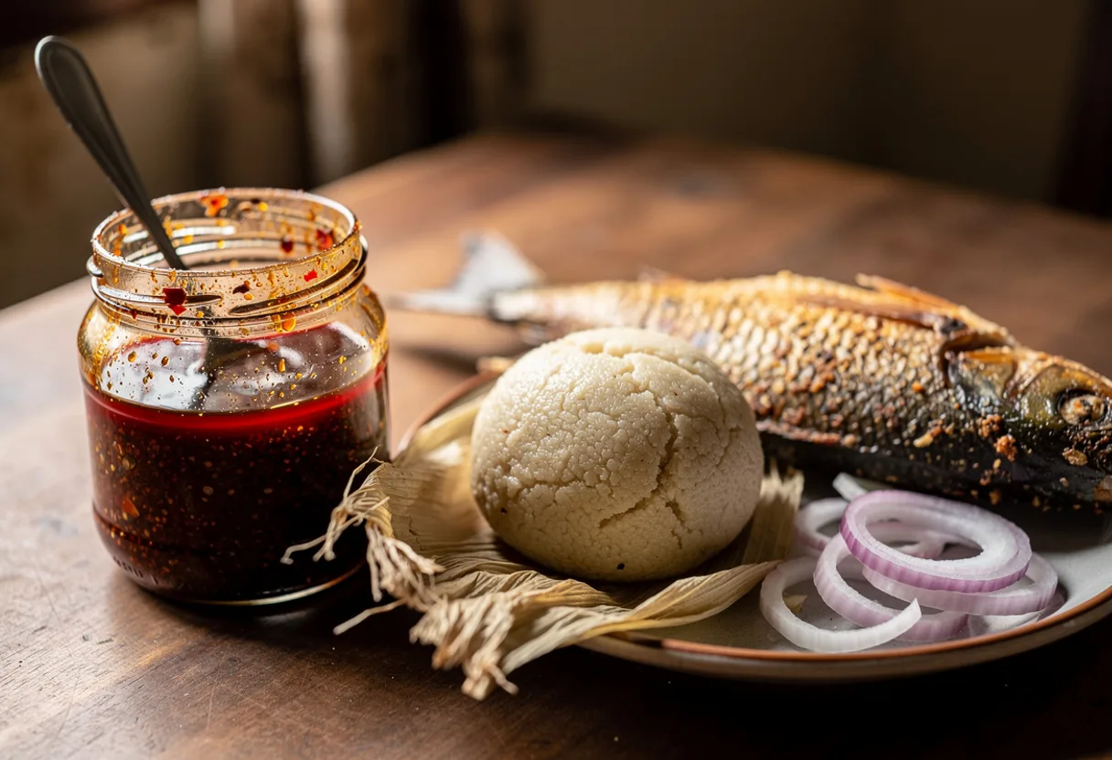 A glass jar of glossy, near-black pepper sauce with a spoon, beside kenkey and fried fish
