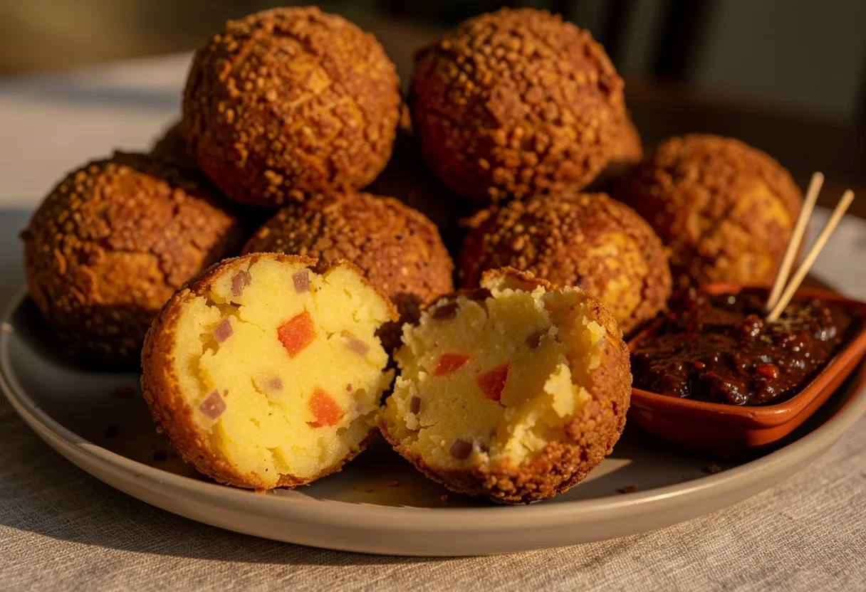 Crisp golden yam balls on a plate with a small dish of dark pepper sauce