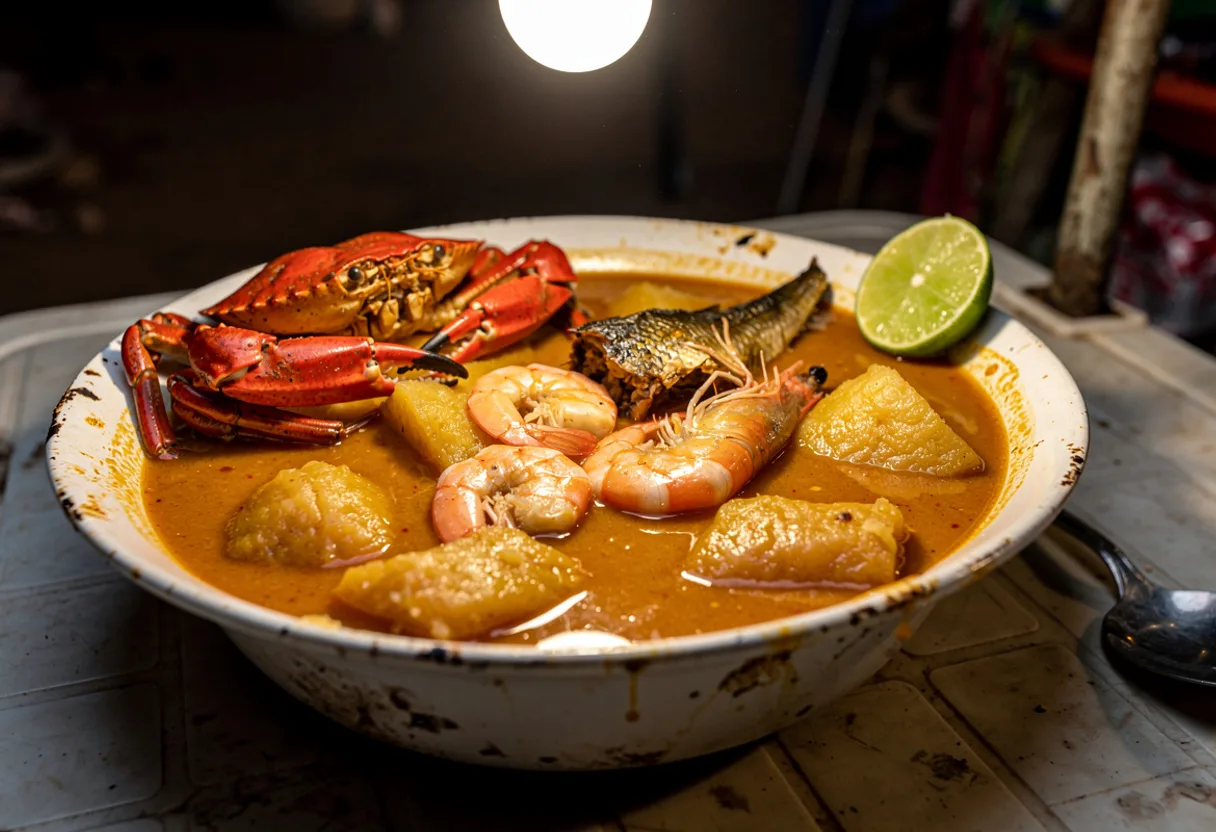 Bowl of thick orange cassava soup with halved crabs, shrimp and flakes of smoked fish, with a lime wedge