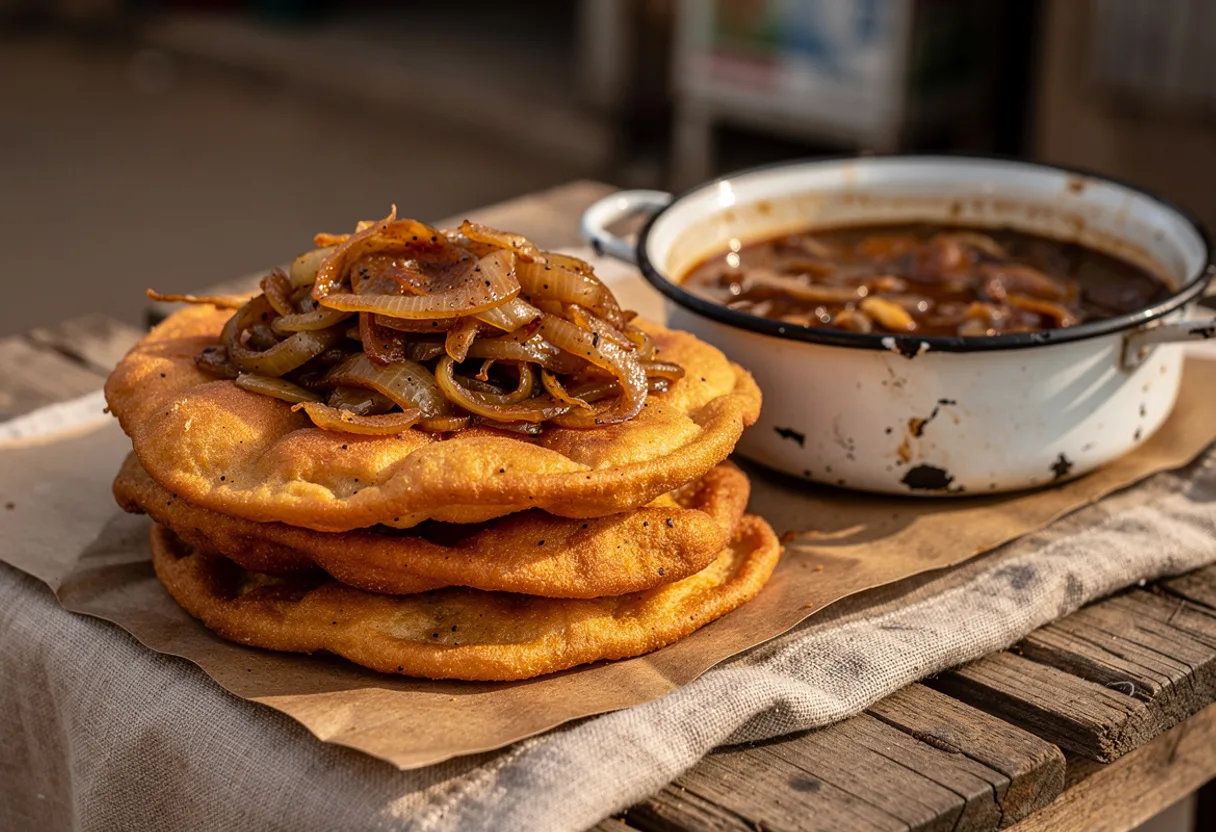 Crisp golden fried dough discs topped with glossy brown fried onion sauce