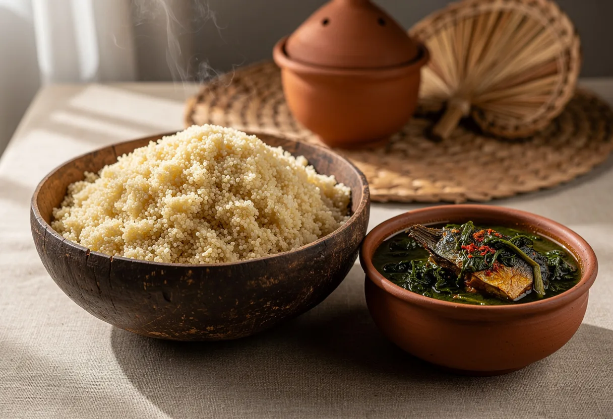 Fluffy mound of tiny pale golden fonio grains in a calabash bowl beside a green leaf sauce