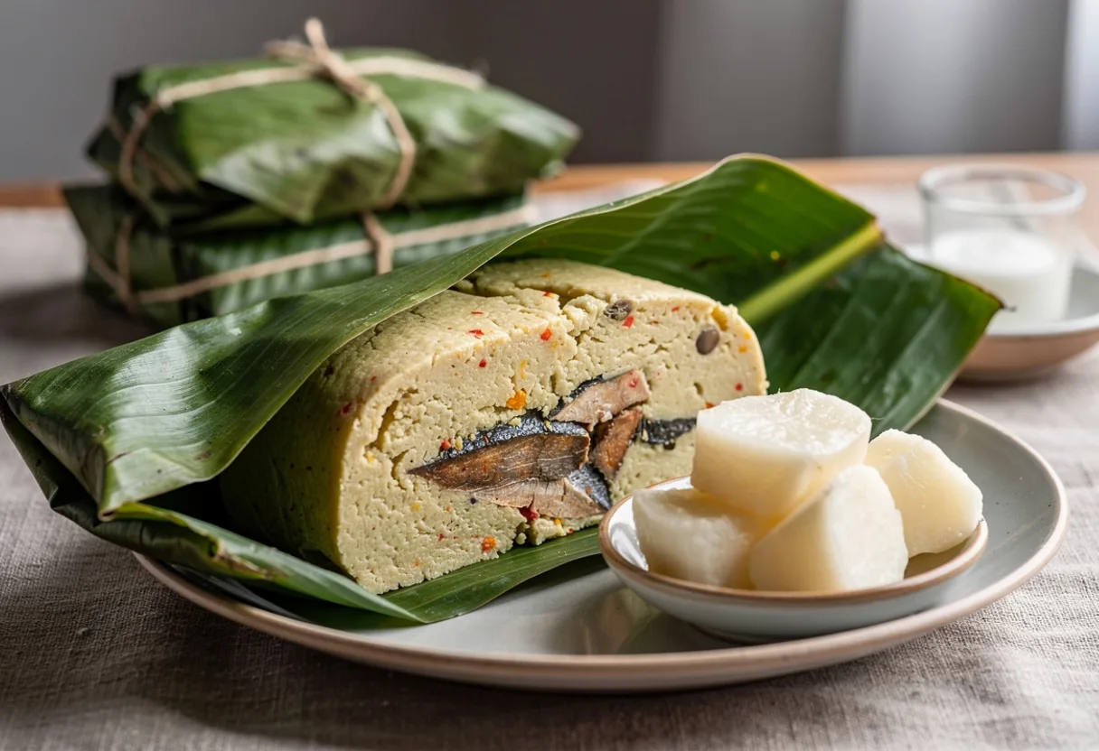 Opened banana-leaf parcel holding a firm, pale golden pumpkin-seed cake flecked with smoked fish, with boiled cassava