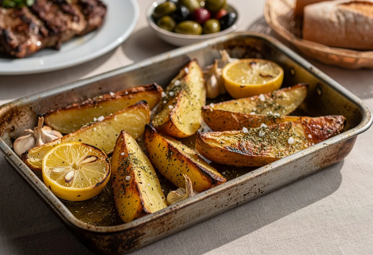 Roasting tin of golden potato wedges glistening with olive oil and lemon, flecked with dried oregano