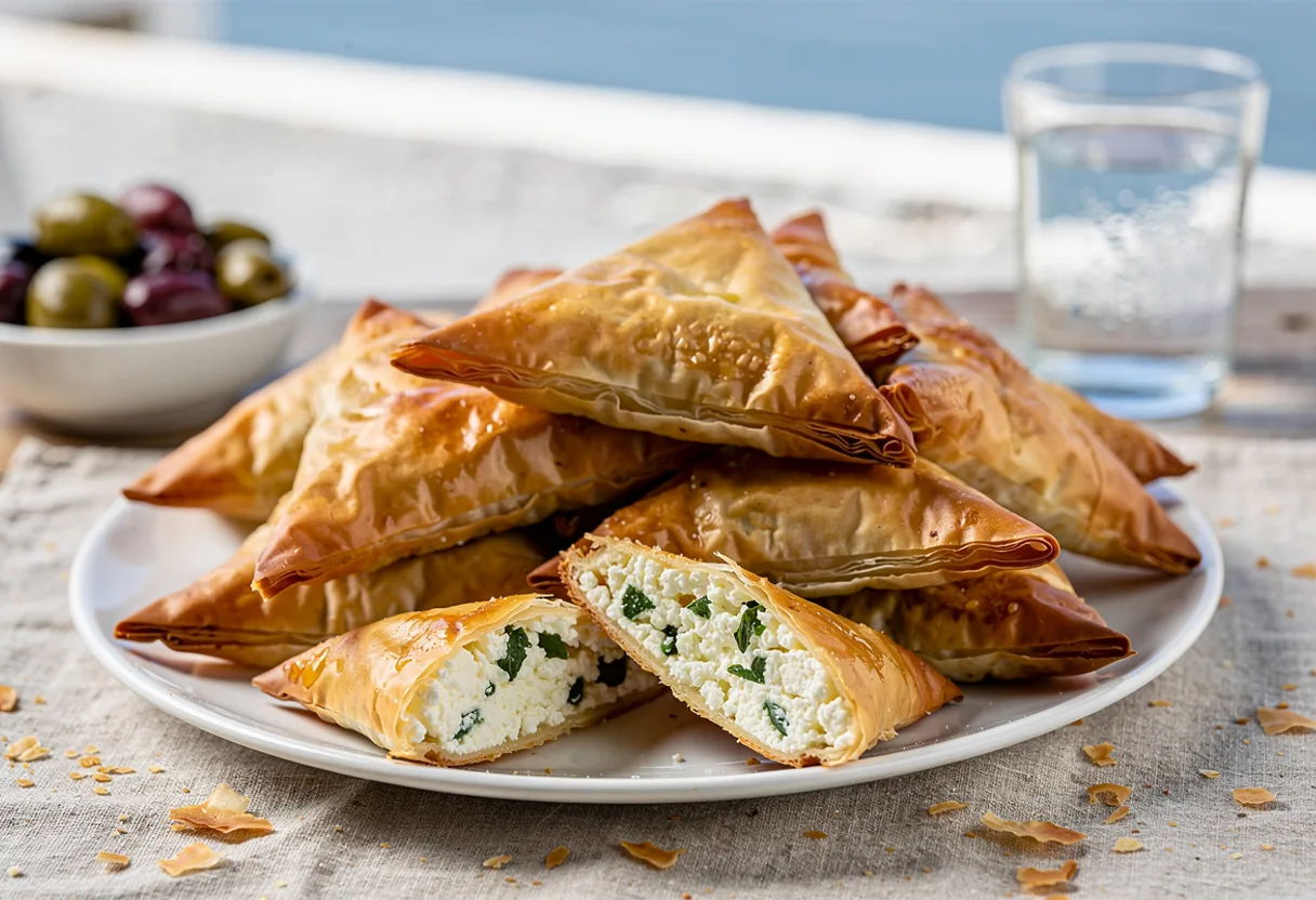 Platter of golden, flaky phyllo triangles, one broken open to show white feta filling with flecks of mint