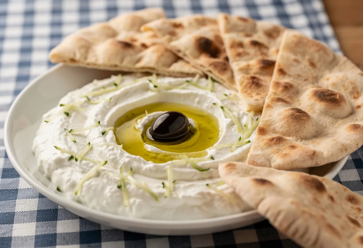 Bowl of thick white tzatziki with flecks of grated cucumber, a pool of olive oil and a black olive, with warm pita wedges