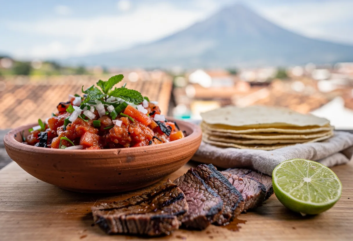 A bowl of chunky charred tomato salsa with blackened skins, onion, mint and cilantro, beside grilled steak