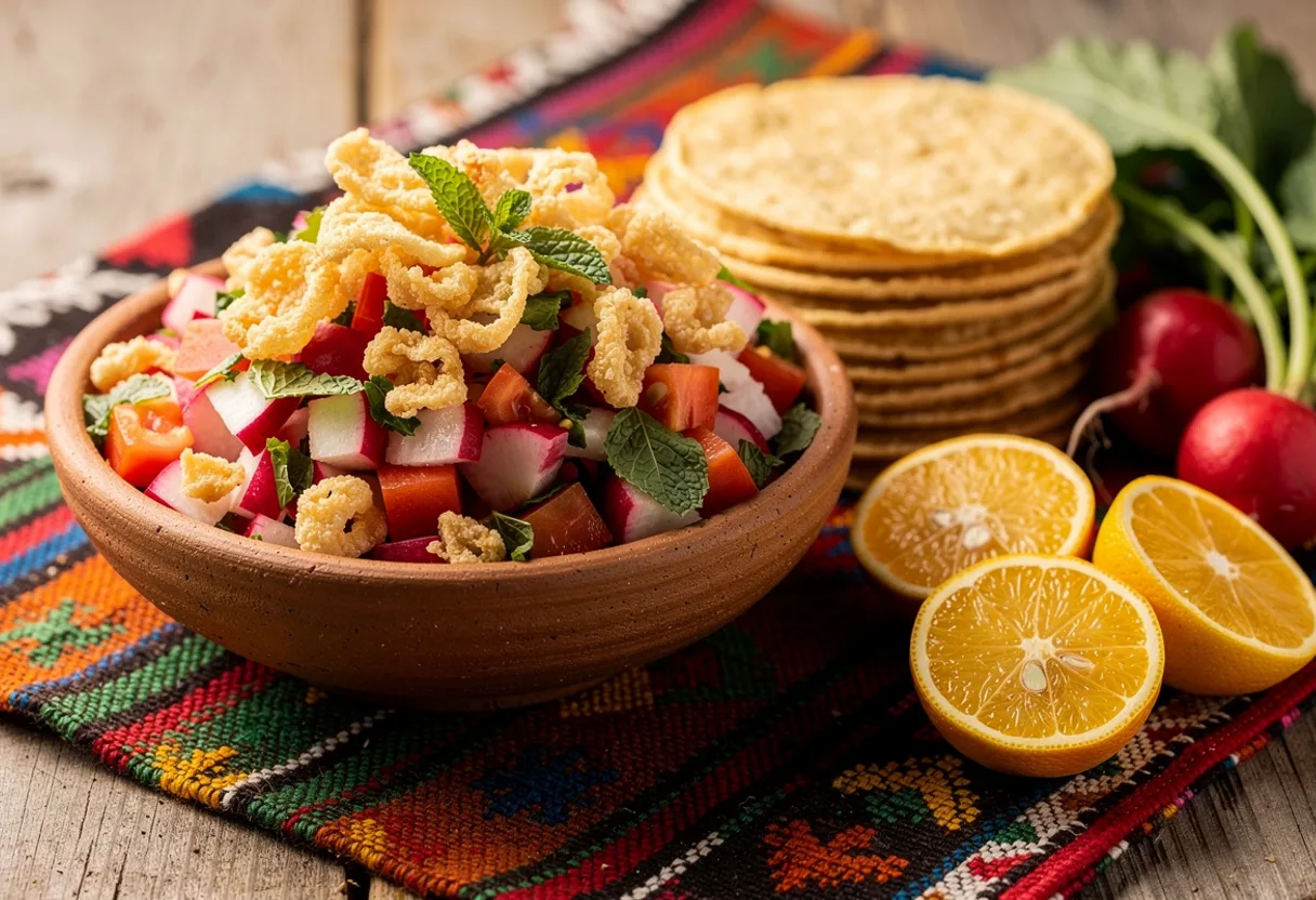 A bowl of finely chopped red and white radish salad with mint, tomato and crumbled pork rinds, beside crisp tostadas