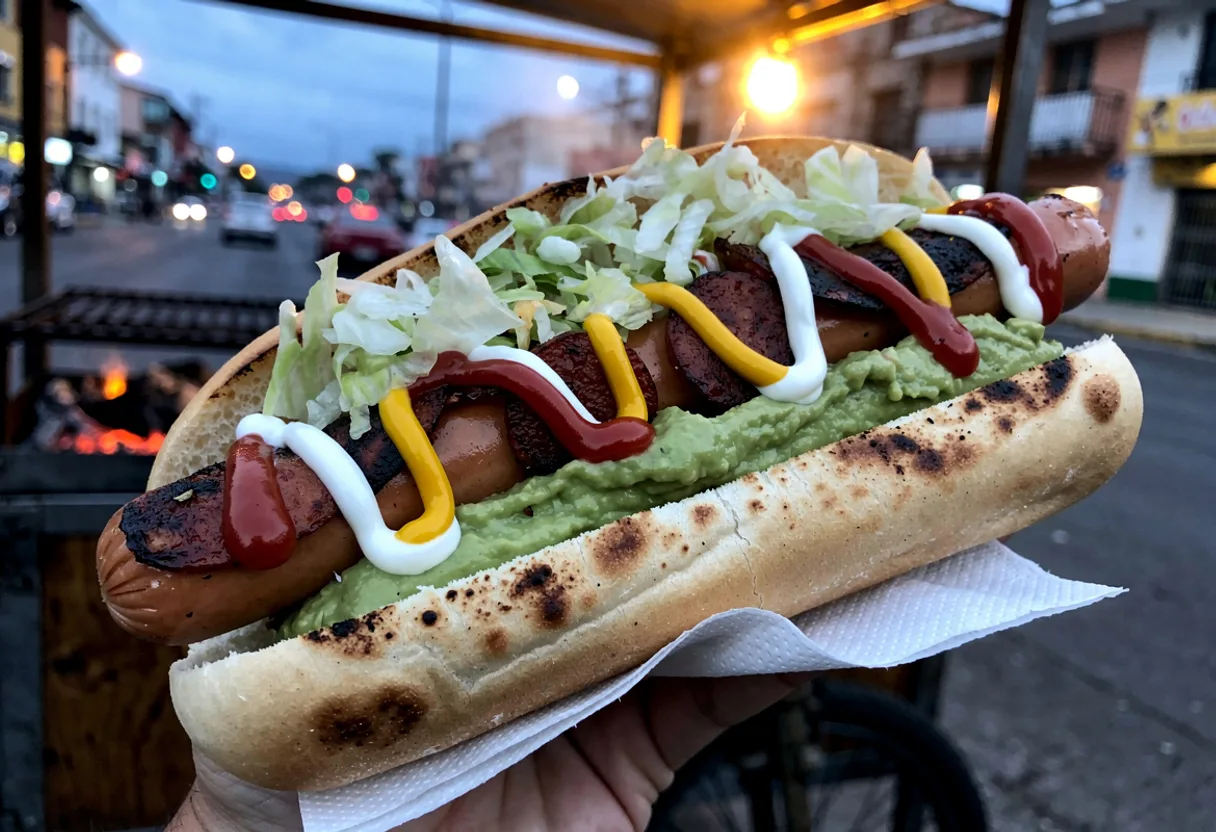 A toasted hot dog roll loaded with green guacamole, grilled sausage pieces, pale boiled cabbage and zigzags of mayonnaise, mustard and ketchup