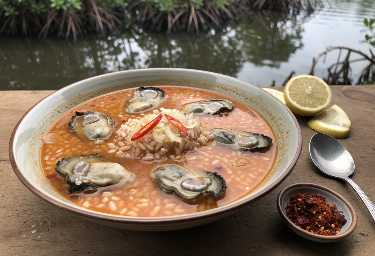 Bowl of light tomato broth with plump poached oysters and soft broken rice, lemon on the side