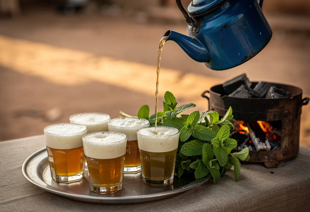 Small glasses of green tea topped with thick foam, poured from a small enamel teapot