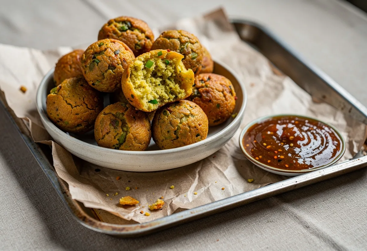 Round golden split pea fritters in a bowl with a small dish of dark mango chutney for dipping