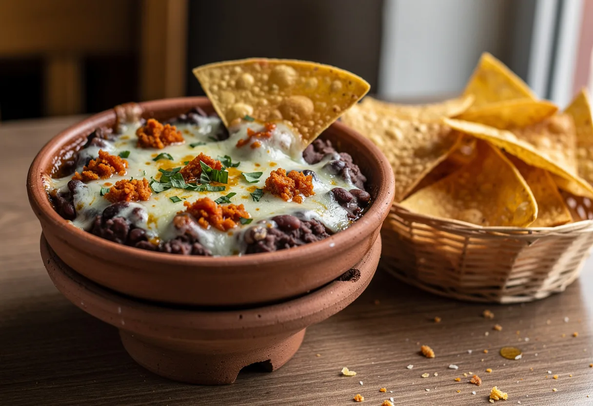 A small clay pot of bubbling refried red beans topped with melted white cheese and crumbled chorizo, with fried tortilla triangles