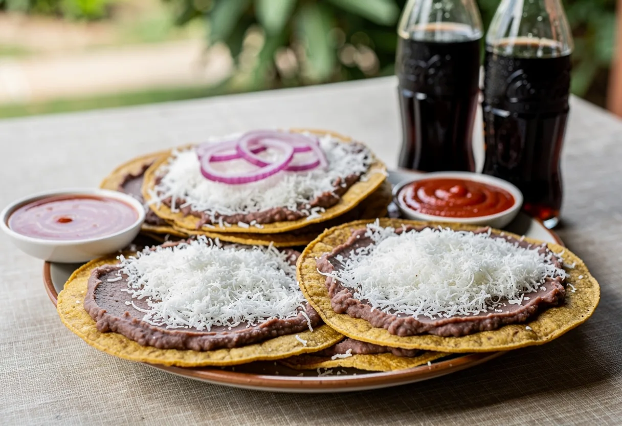 Crisp fried corn tortillas spread with red refried beans and covered in finely grated white cheese