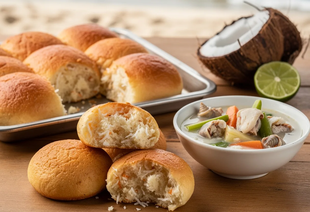 Round golden coconut bread rolls, one torn open to show a dense white crumb flecked with coconut, beside a bowl of coconut seafood soup