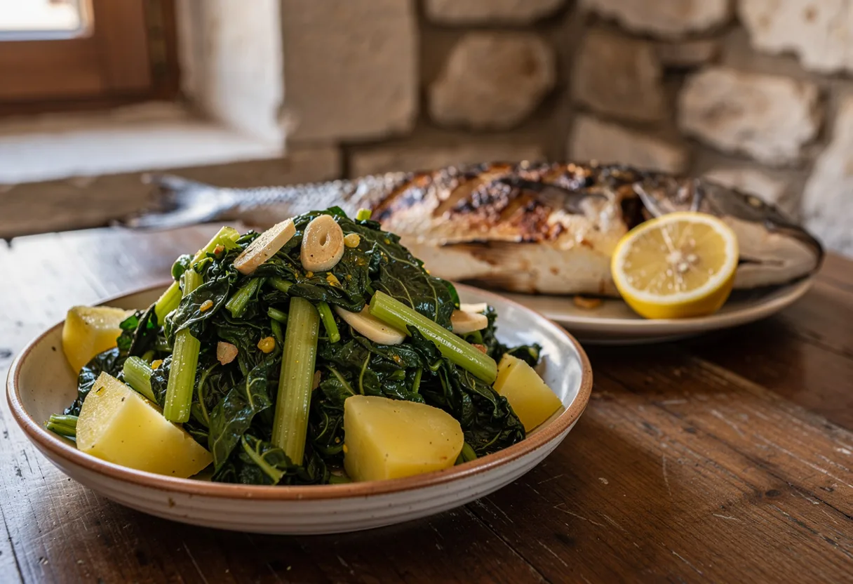 A bowl of dark green Swiss chard crushed together with soft potato chunks in olive oil and garlic, next to grilled fish