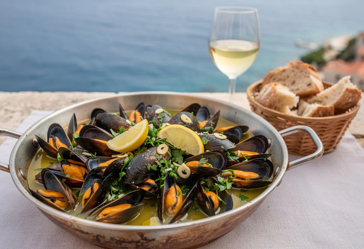 A pot of open black mussels in a garlic, parsley and white wine sauce with lemon slices, with bread on the side