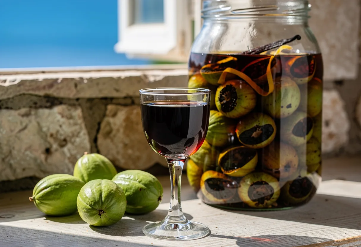 Small glass of almost black walnut liqueur beside a jar of steeping green walnuts