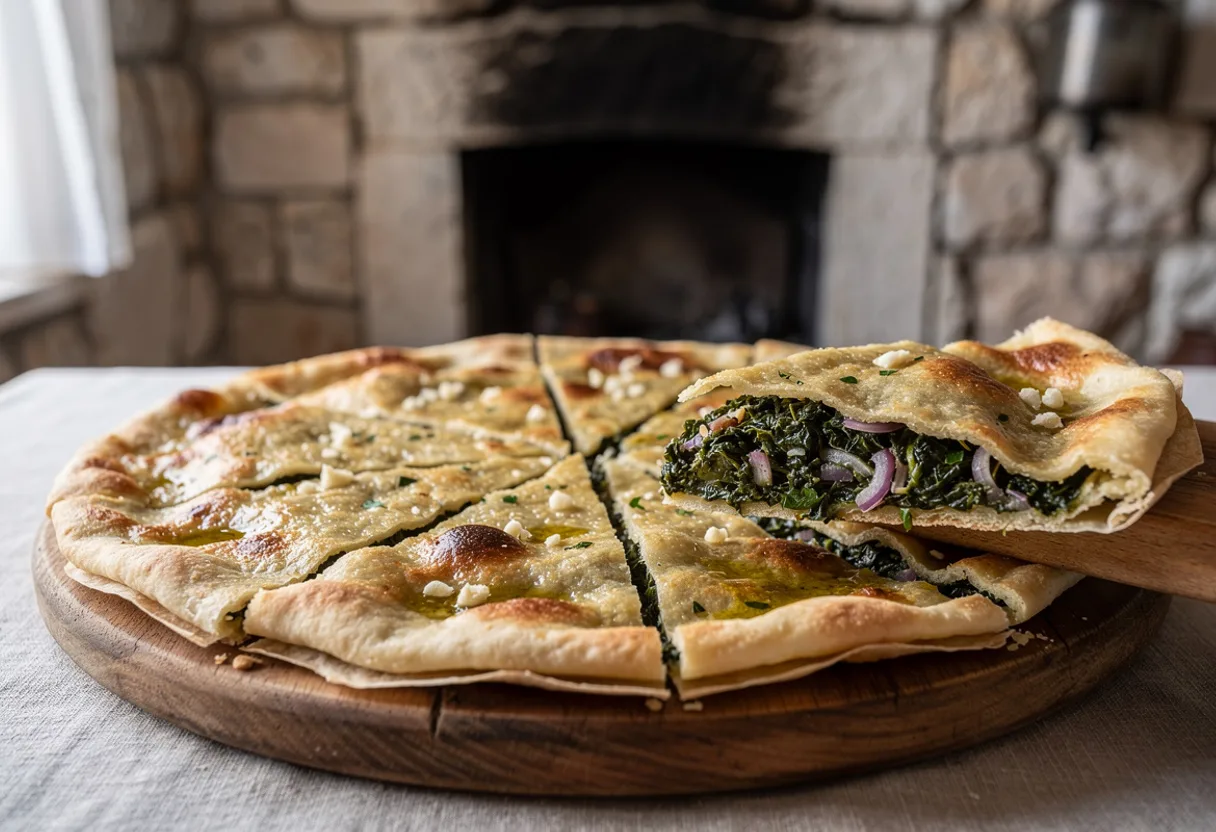 Large thin round Dalmatian chard pie cut into diamonds, showing a green chard filling between two crisp golden sheets of dough