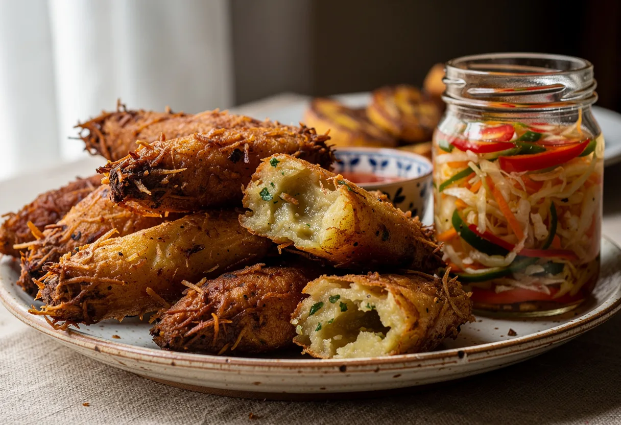 Craggy golden-brown malanga fritters on a plate with a bowl of shredded cabbage and carrot pickle