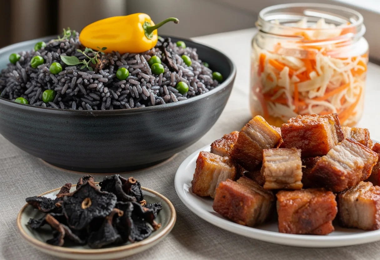 A bowl of dark grey-black Haitian mushroom rice studded with green peas, beside fried pork and pickled slaw