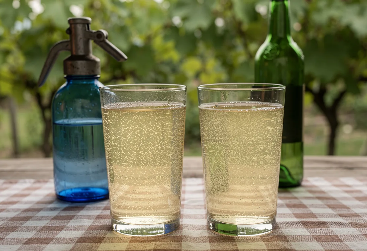 Plain water glasses of pale white wine spritzer with bubbles beside a vintage soda siphon