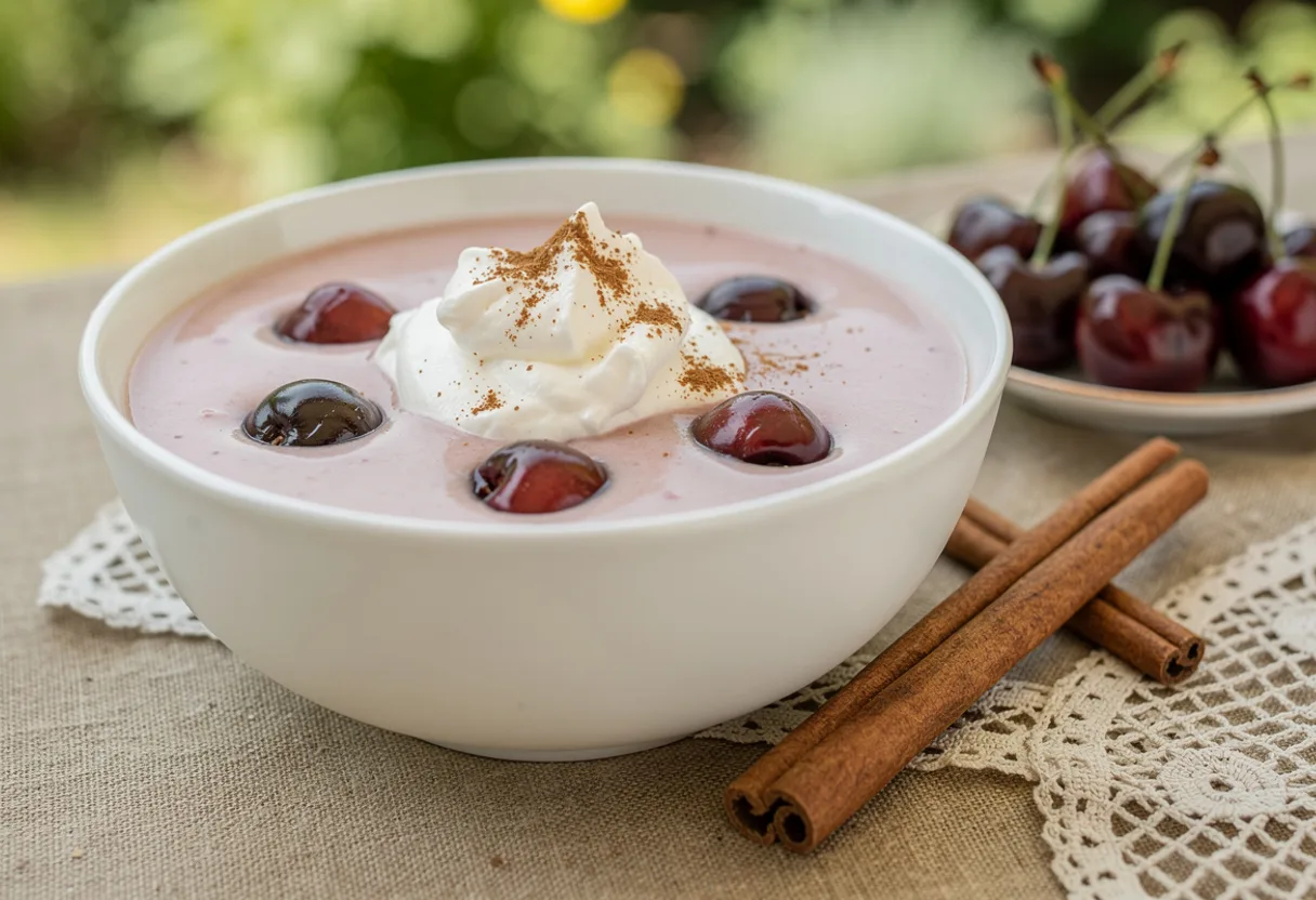 Bowl of chilled pale pink sour cherry soup with whole dark red cherries and a spoon of whipped cream