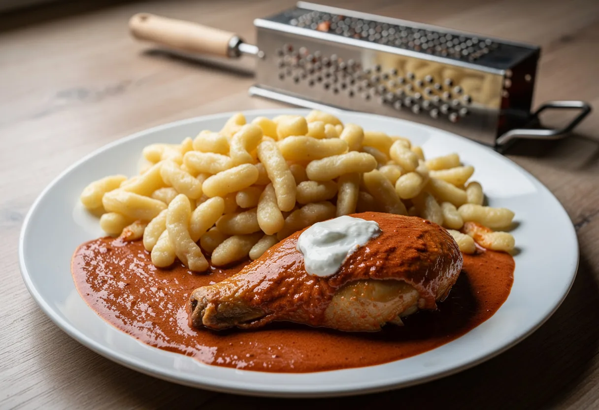 Heap of small soft irregular Hungarian egg dumplings beside chicken paprikash in a red sauce