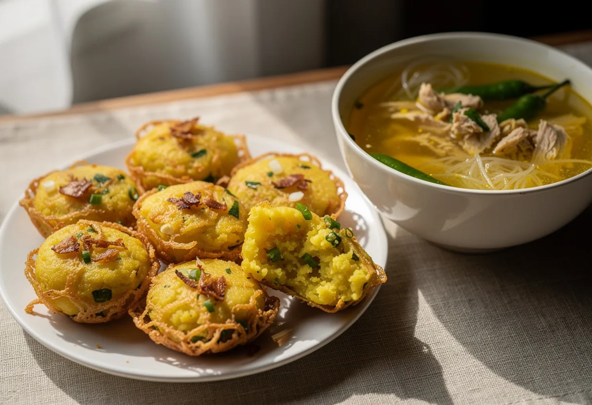 Round golden potato patties with a lacy fried egg coating, beside a bowl of yellow chicken soup