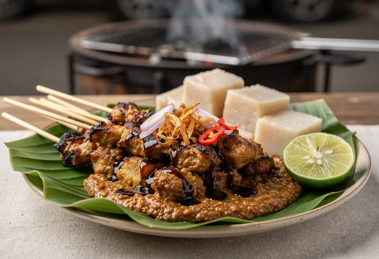 Chicken satay skewers charred at the edges and covered in thick peanut sauce with sweet soy, fried shallots, lime and rice cakes