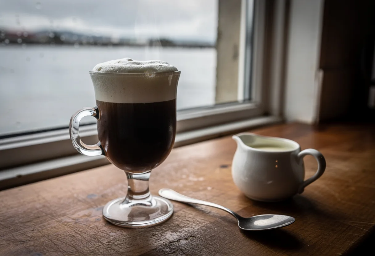 Irish coffee in a stemmed glass, dark coffee below a thick floating band of white cream