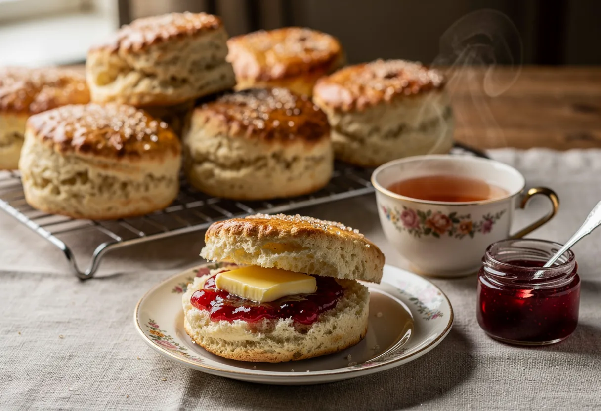 Tall golden Irish scones with sugary tops, one split and spread with butter and red jam, beside a cup of tea