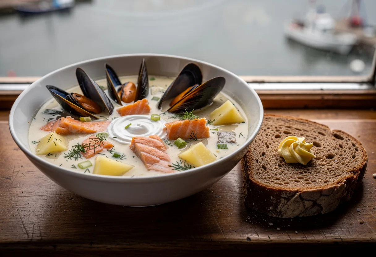 Deep bowl of creamy seafood chowder with chunks of salmon, smoked haddock and mussels in their shells, with brown bread