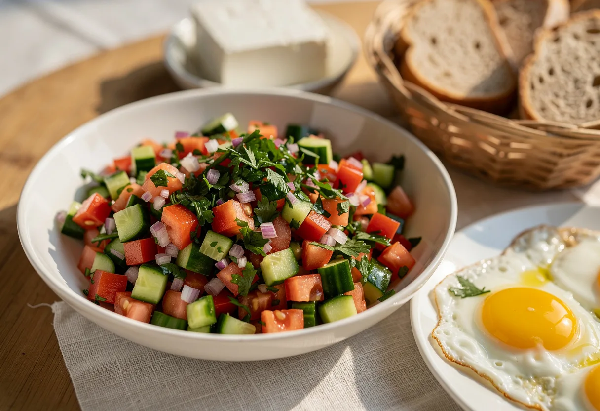 Bowl of very finely diced tomato and cucumber salad with red onion, green pepper and parsley, glistening with lemon and olive oil