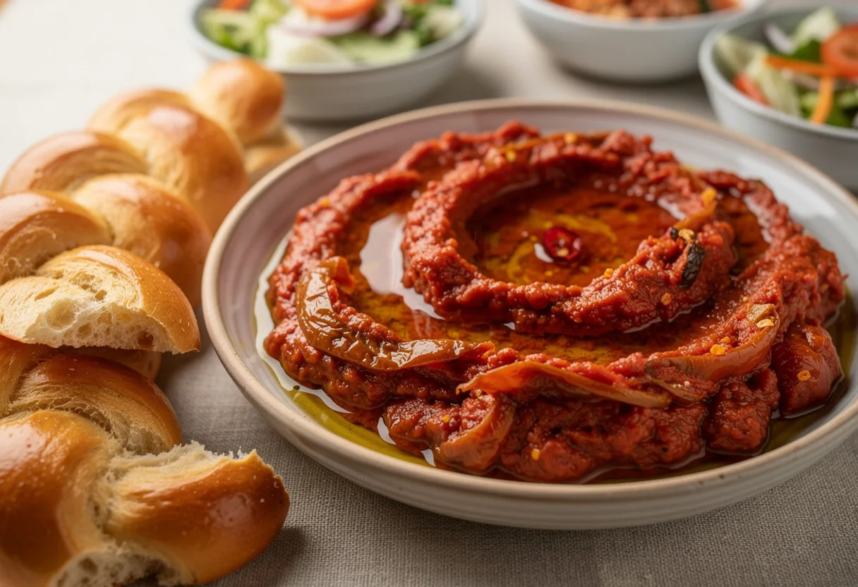A bowl of thick, glossy red cooked tomato and pepper salad with olive oil, with torn challah beside it