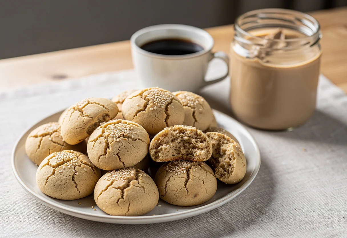 Round pale golden tahini cookies with cracked tops on a plate beside a cup of coffee