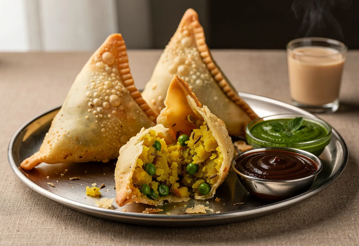 Golden, blistered cone-shaped samosas, one broken open to show spiced potato and peas, with tamarind and mint chutneys
