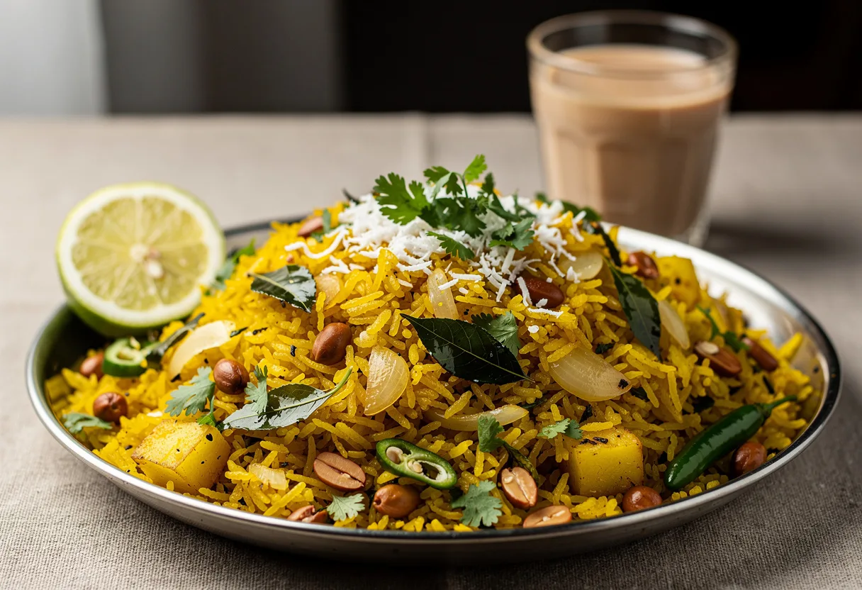Plate of yellow turmeric flattened rice with onion, curry leaves, peanuts, fresh coriander, grated coconut and a lemon wedge