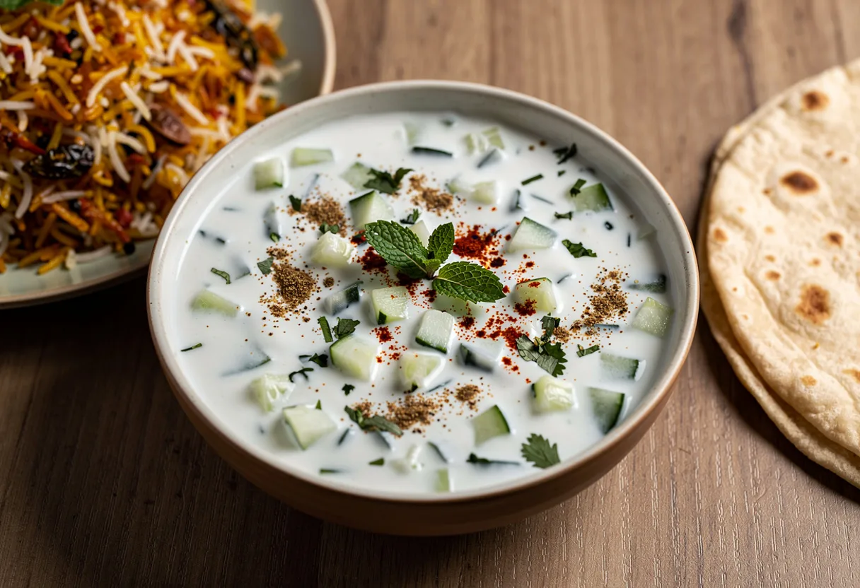 A bowl of thick white yogurt with chopped cucumber and herbs, dusted with roasted cumin and red chilli