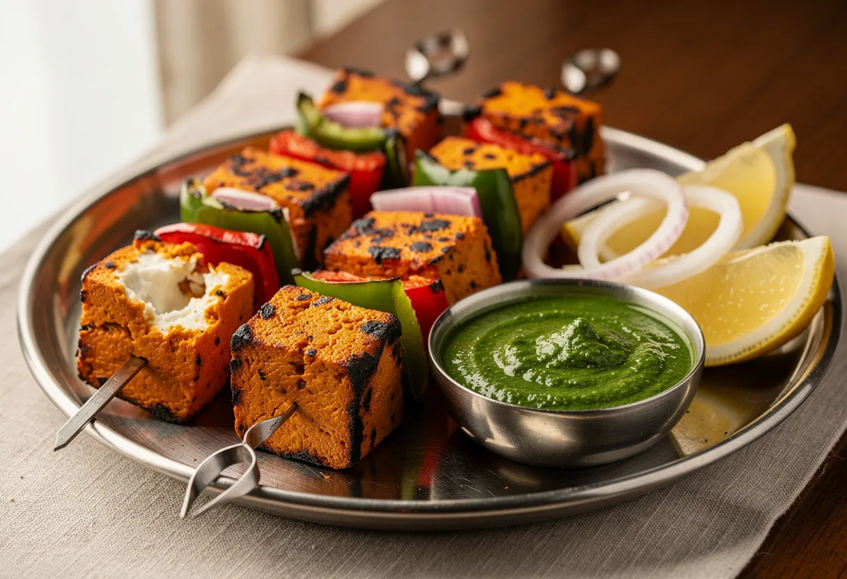 Skewers of charred orange-red paneer cubes with onion and pepper, with green chutney and lemon wedges