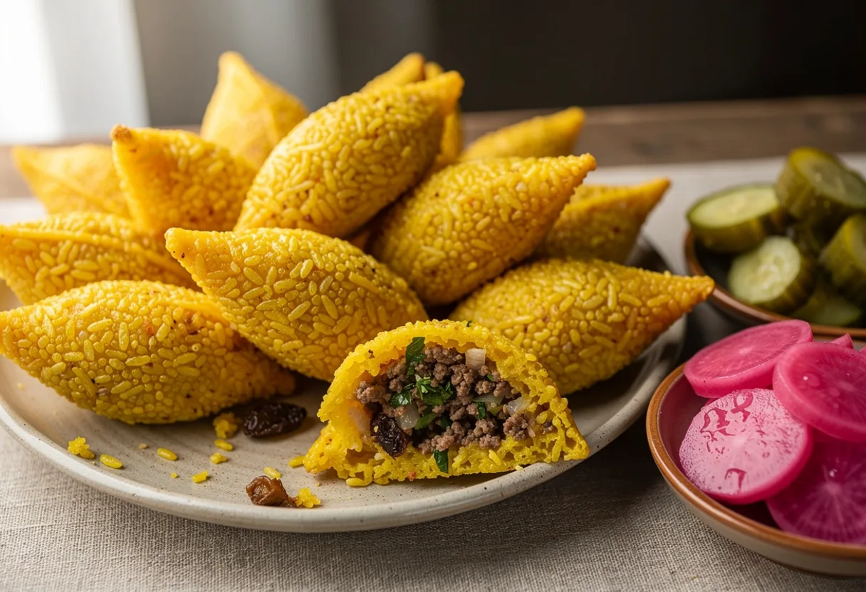 Golden oval rice-crust kubba with pointed ends, one cut open to show a minced meat and parsley filling, with pickles