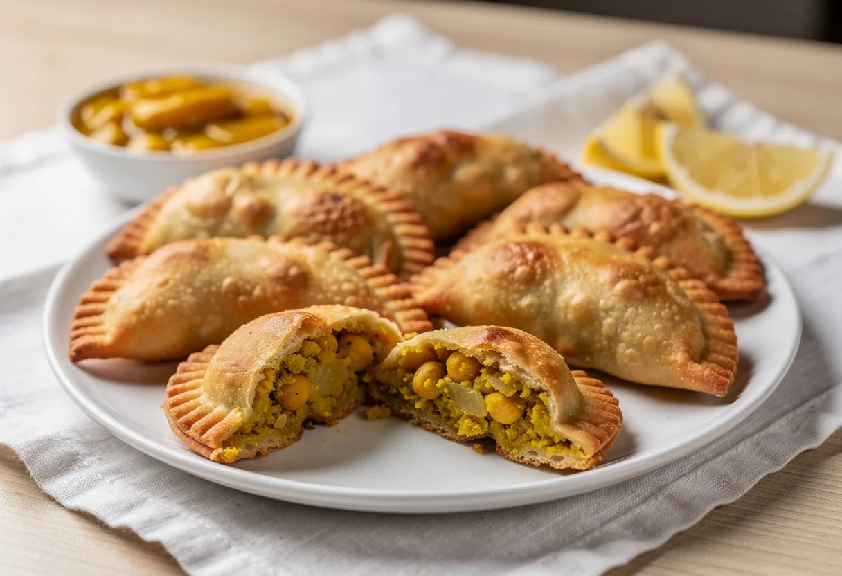Golden half-moon fried turnovers, one broken open to show a yellow mashed chickpea filling