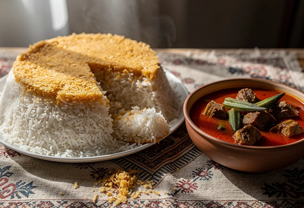 A mound of fluffy white long-grain rice turned out on a platter, topped with a round golden crisp rice crust
