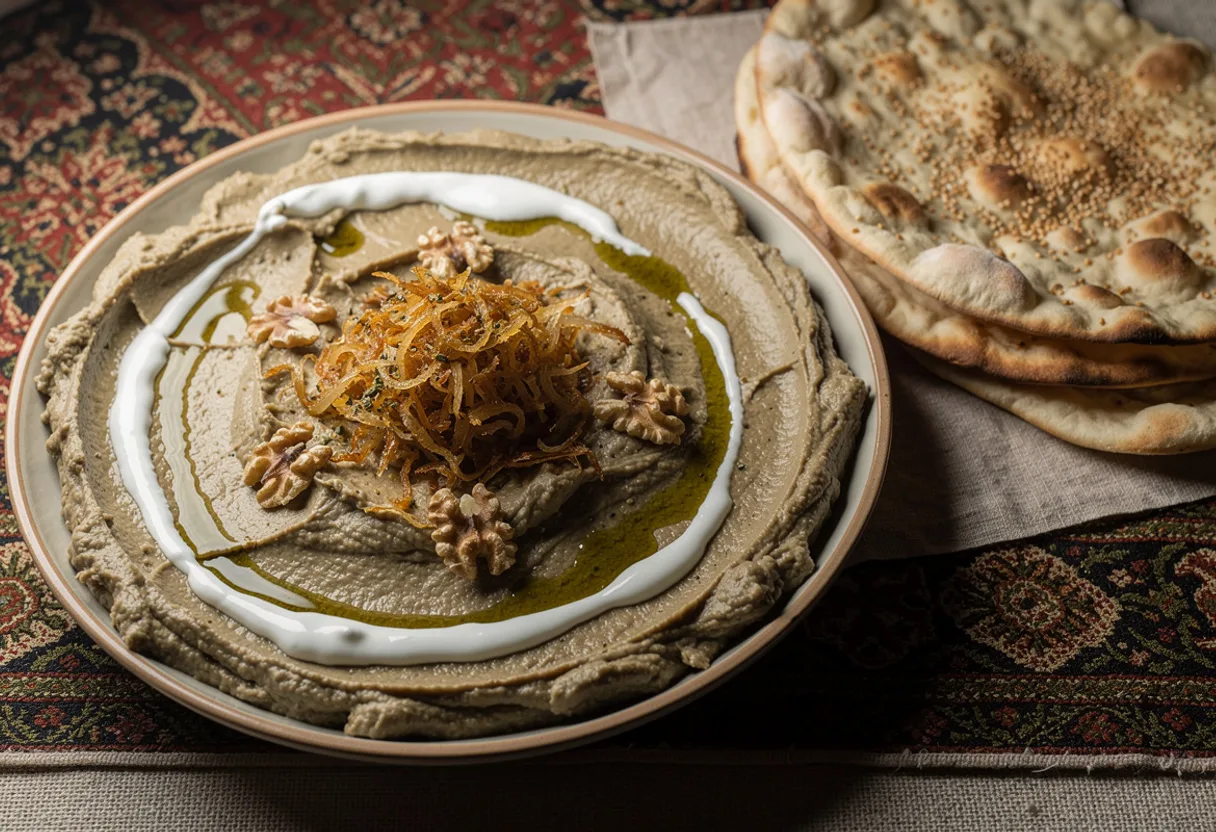 Warm eggplant dip swirled with white kashk and topped with crisp fried onions, walnuts and dark green mint oil