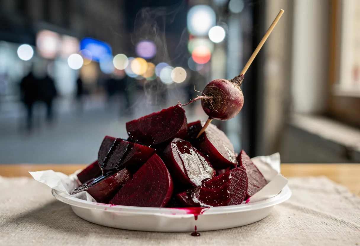 Steaming wedges of deep crimson boiled beetroot glossy with dark red syrup