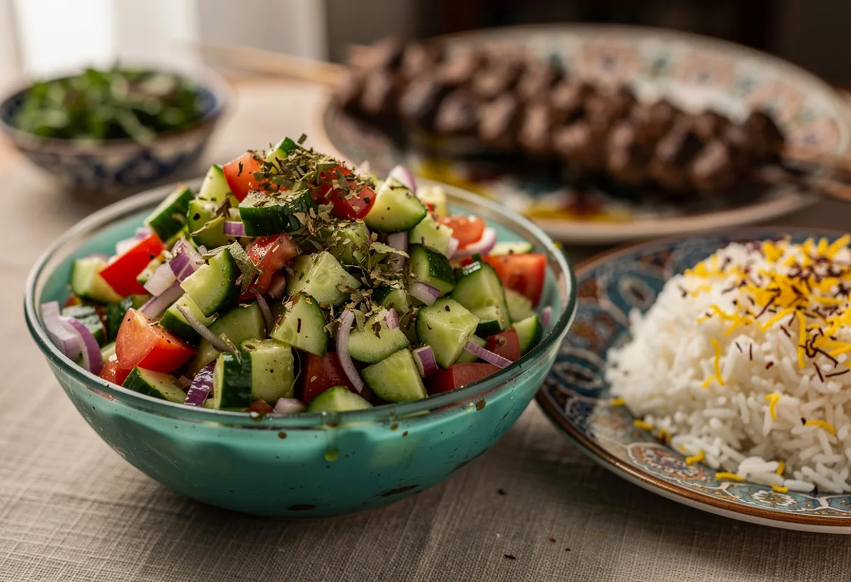 A bowl of finely diced cucumber, tomato and red onion flecked with dried mint