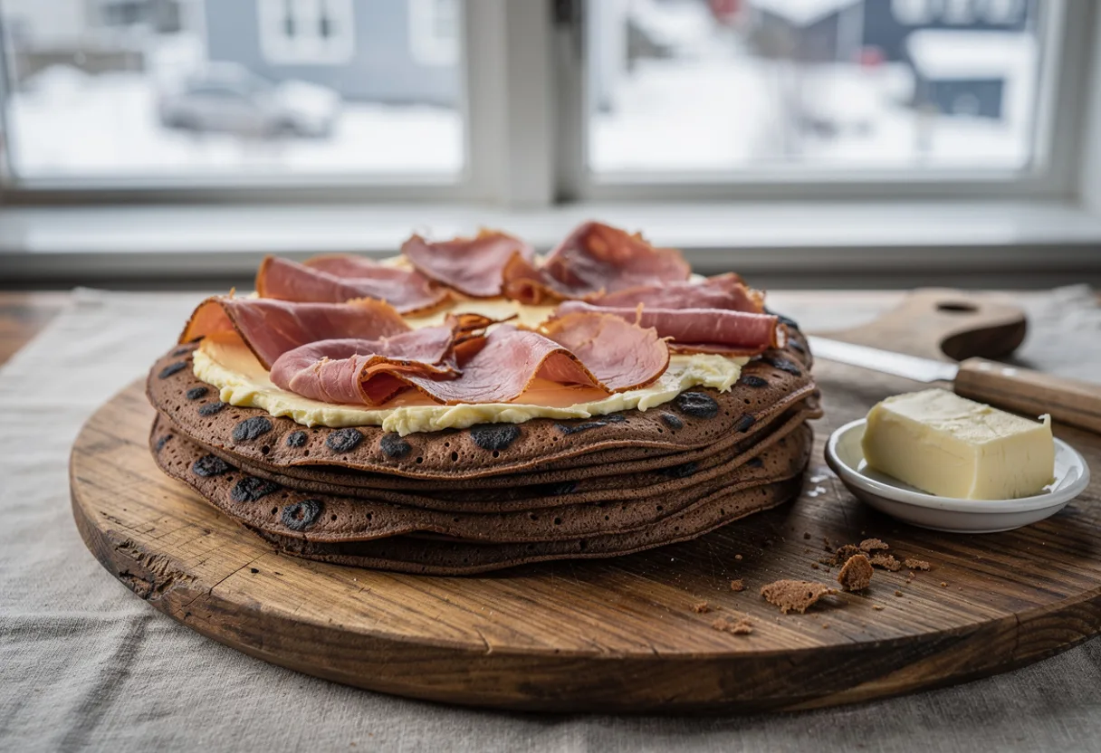 Stack of thin, round dark rye flatbreads with charred spots, one buttered and topped with thin slices of smoked lamb