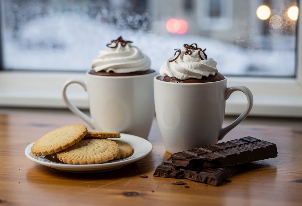 Mugs of dark hot chocolate topped with tall swirls of whipped cream, beside Christmas cookies